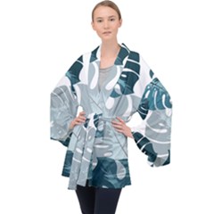 Monstera Leaves Background Long Sleeve Velvet Kimono 