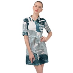 Monstera Leaves Background Belted Shirt Dress