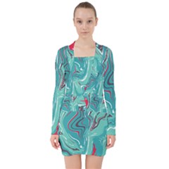 Green Vivid Marble Pattern 2 V-neck Bodycon Long Sleeve Dress by goljakoff