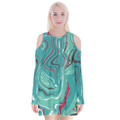 Green Vivid Marble Pattern 2 Velvet Long Sleeve Shoulder Cutout Dress by goljakoff