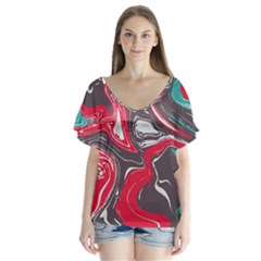 Red Vivid Marble Pattern 3 V-neck Flutter Sleeve Top by goljakoff