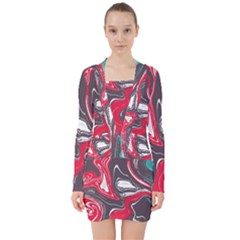 Red Vivid Marble Pattern 3 V-neck Bodycon Long Sleeve Dress by goljakoff