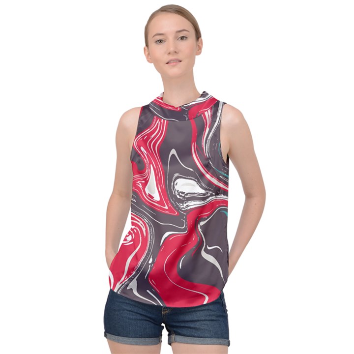 Red Vivid Marble Pattern 3 High Neck Satin Top