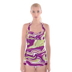 Purple Vivid Marble Pattern Boyleg Halter Swimsuit  by goljakoff