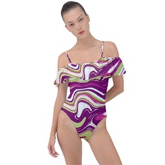 Purple Vivid Marble Pattern Frill Detail One Piece Swimsuit by goljakoff