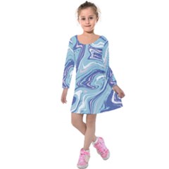 Blue Vivid Marble Pattern Kids  Long Sleeve Velvet Dress by goljakoff