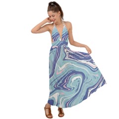 Blue Vivid Marble Pattern Backless Maxi Beach Dress by goljakoff