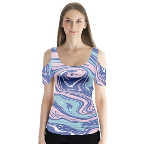 Blue Vivid Marble Pattern 10 Butterfly Sleeve Cutout Tee  by goljakoff