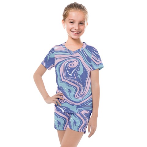 Blue Vivid Marble Pattern 10 Kids  Mesh Tee And Shorts Set by goljakoff