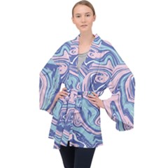 Blue Vivid Marble Pattern 10 Long Sleeve Velvet Kimono  by goljakoff