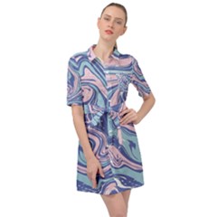 Blue Vivid Marble Pattern 10 Belted Shirt Dress by goljakoff