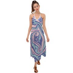 Blue Vivid Marble Pattern 10 Halter Tie Back Dress  by goljakoff