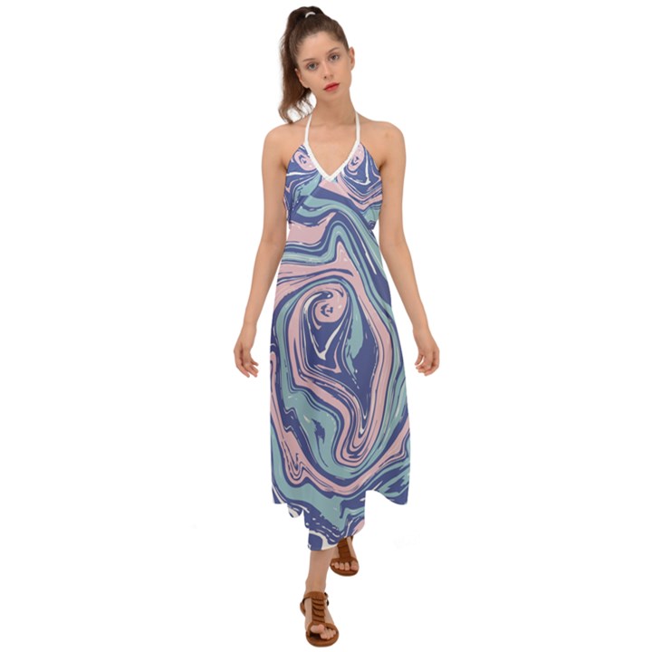 Blue Vivid Marble Pattern 10 Halter Tie Back Dress 