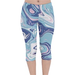 Blue Vivid Marble Pattern 12 Velvet Capri Leggings  by goljakoff