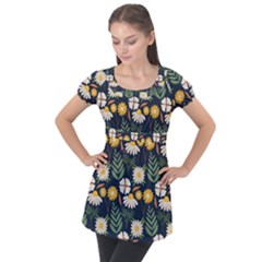 Flower Grey Pattern Floral Puff Sleeve Tunic Top by Dutashop