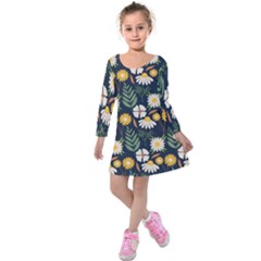 Flower Grey Pattern Floral Kids  Long Sleeve Velvet Dress by Dutashop