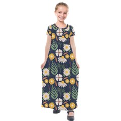 Flower Grey Pattern Floral Kids  Short Sleeve Maxi Dress