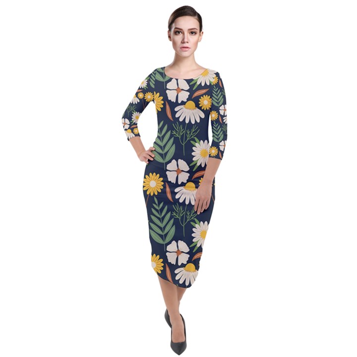 Flower Grey Pattern Floral Quarter Sleeve Midi Velour Bodycon Dress