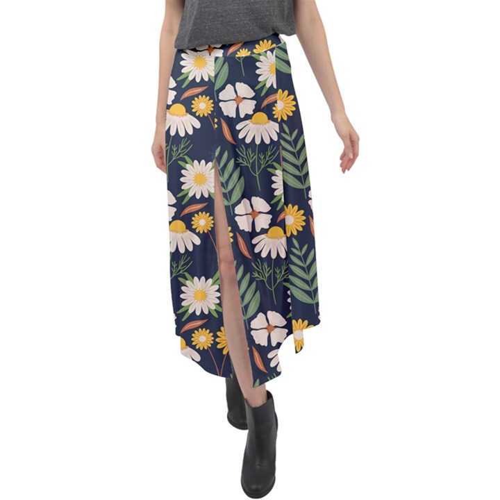 Flower Grey Pattern Floral Velour Split Maxi Skirt