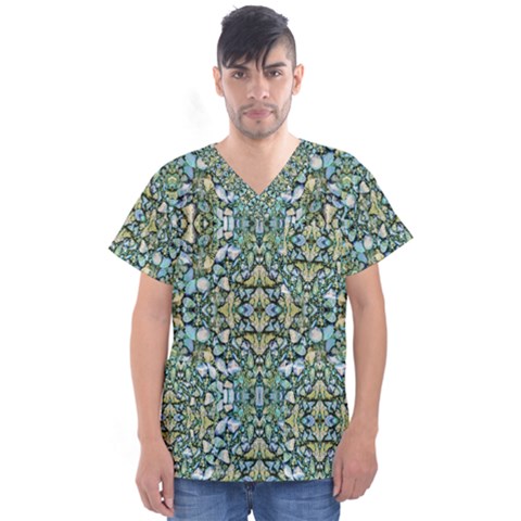 Stones Ornament Mosaic Print Pattern Men s V-neck Scrub Top by dflcprintsclothing