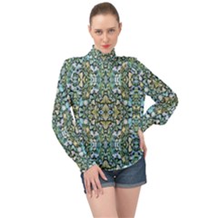 Stones Ornament Mosaic Print Pattern High Neck Long Sleeve Chiffon Top