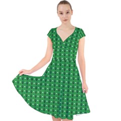 Green Christmas Tree Pattern Background Cap Sleeve Front Wrap Midi Dress