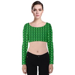 Green Christmas Tree Pattern Background Velvet Long Sleeve Crop Top by Amaryn4rt