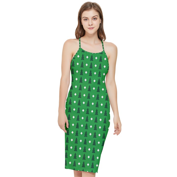 Green Christmas Tree Pattern Background Bodycon Cross Back Summer Dress