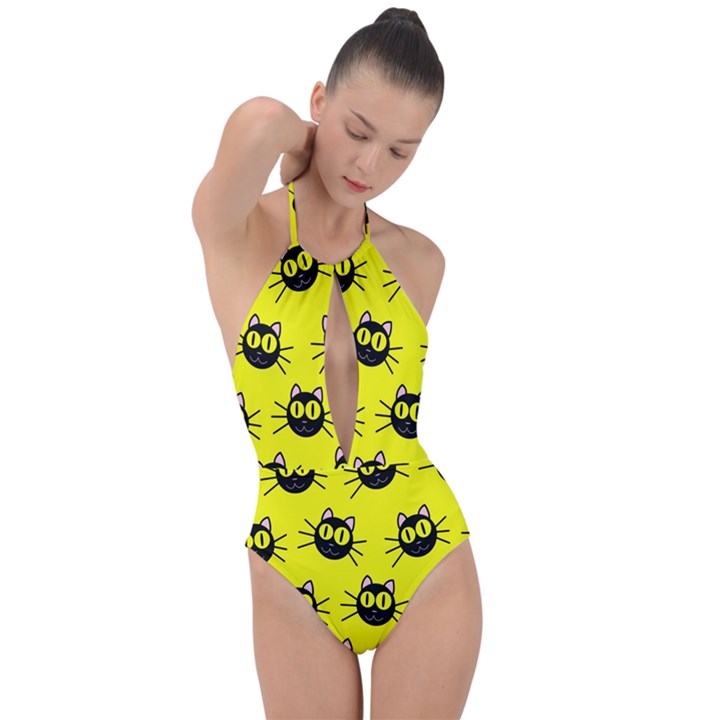 Cats Heads Pattern Design Plunge Cut Halter Swimsuit