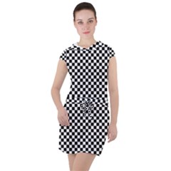 Black And White Checkerboard Background Board Checker Drawstring Hooded Dress