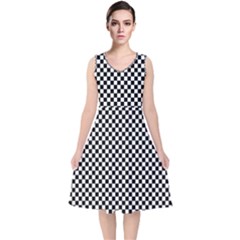 Black And White Checkerboard Background Board Checker V-neck Midi Sleeveless Dress  by Amaryn4rt