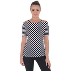 Black And White Checkerboard Background Board Checker Shoulder Cut Out Short Sleeve Top