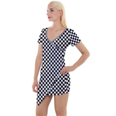 Black And White Checkerboard Background Board Checker Short Sleeve Asymmetric Mini Dress