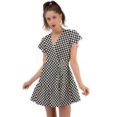 Black And White Checkerboard Background Board Checker Flutter Sleeve Wrap Dress