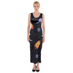 Cosmos Rockets Spaceships Ufos Fitted Maxi Dress