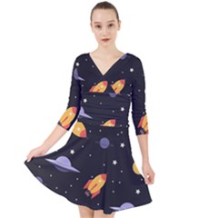 Cosmos Rockets Spaceships Ufos Quarter Sleeve Front Wrap Dress