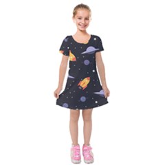 Cosmos Rockets Spaceships Ufos Kids  Short Sleeve Velvet Dress