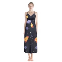 Cosmos Rockets Spaceships Ufos Button Up Chiffon Maxi Dress