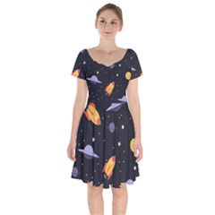 Cosmos Rockets Spaceships Ufos Short Sleeve Bardot Dress