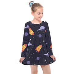 Cosmos Rockets Spaceships Ufos Kids  Long Sleeve Dress