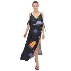 Cosmos Rockets Spaceships Ufos Maxi Chiffon Cover Up Dress