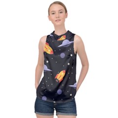 Cosmos Rockets Spaceships Ufos High Neck Satin Top