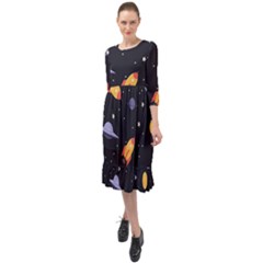 Cosmos Rockets Spaceships Ufos Ruffle End Midi Chiffon Dress