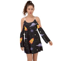 Cosmos Rockets Spaceships Ufos Kimono Sleeves Boho Dress