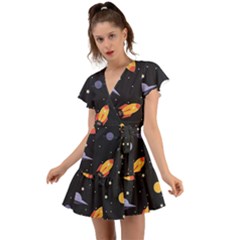 Cosmos Rockets Spaceships Ufos Flutter Sleeve Wrap Dress