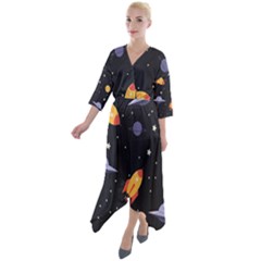 Cosmos Rockets Spaceships Ufos Quarter Sleeve Wrap Front Maxi Dress