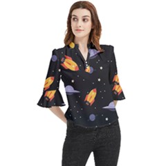 Cosmos Rockets Spaceships Ufos Loose Horn Sleeve Chiffon Blouse