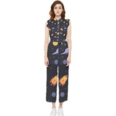 Cosmos Rockets Spaceships Ufos Women s Frill Top Jumpsuit