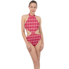 Red Diamonds Halter Side Cut Swimsuit