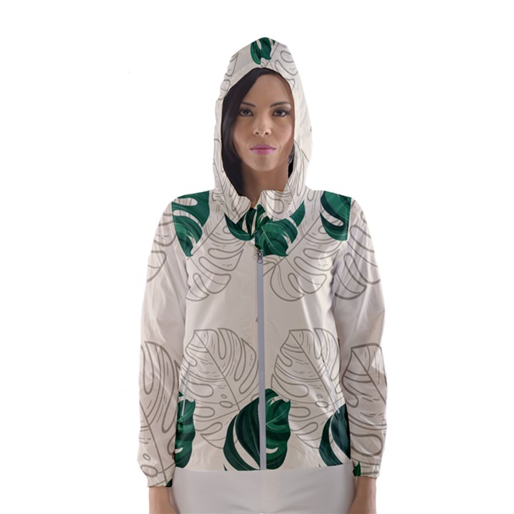 Green Monstera Leaf Illustrations Women s Hooded Windbreaker